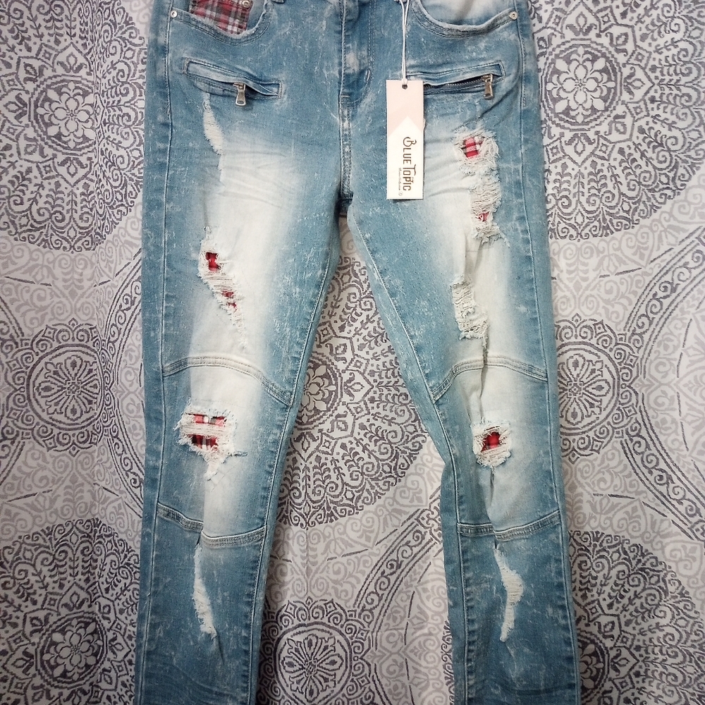 NWT Blue Topic Distressed Patchwork Paint Slapper SkinnyLeg Jeans Size Junior5/6 - Picture 7 of 12